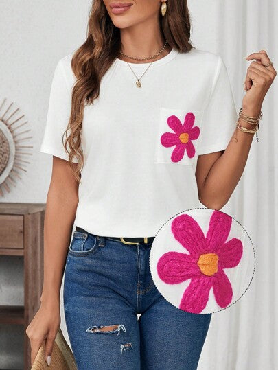Dame T-shirt med blomstret applikationsmotiv og brystlomme Stilla