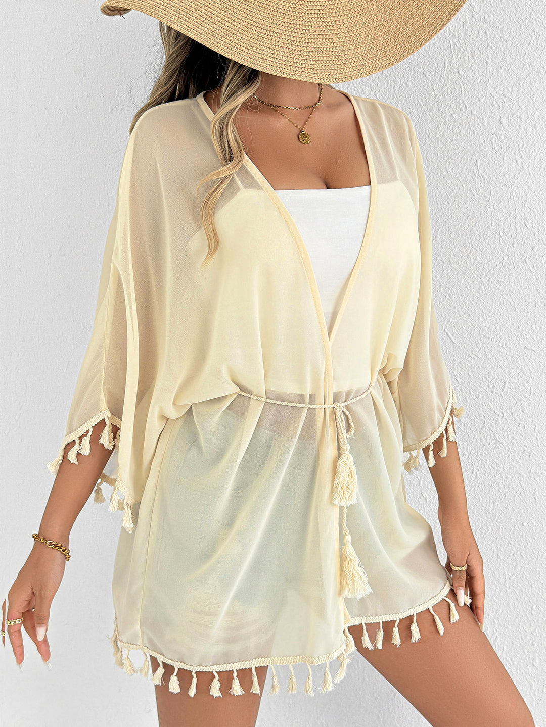 Dame Let Franje-Besætning Strand-Kimono Stilla