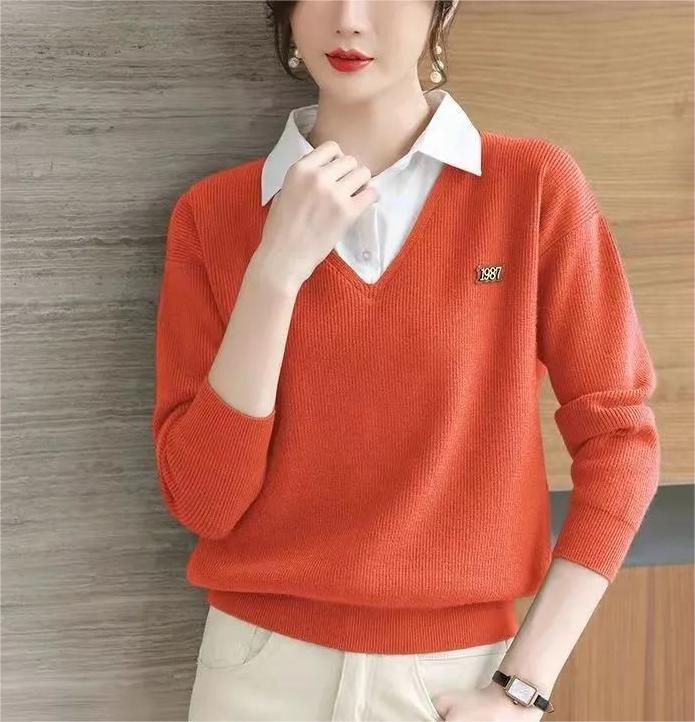Kvinders elegante V-hals sweater med skjortekrave Stilla