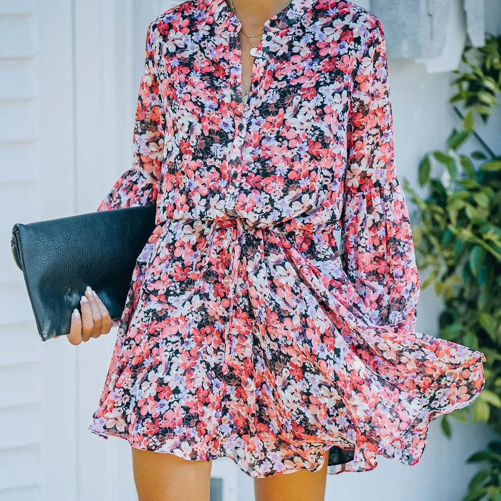 Dame Løs Floral Mini Kjole med Bånd Detalje Stilla