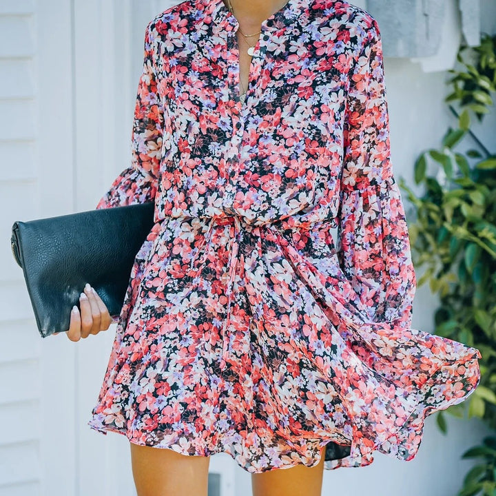 Dame Løs Floral Mini Kjole med Bånd Detalje Stilla