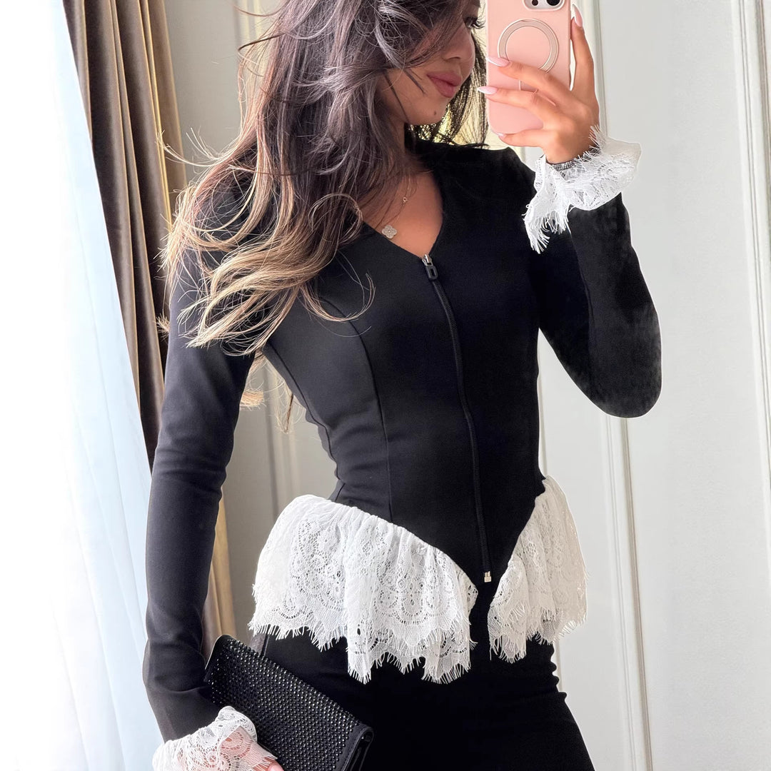 Dame Ruffle Top med Lynlås og Blonde Stilla