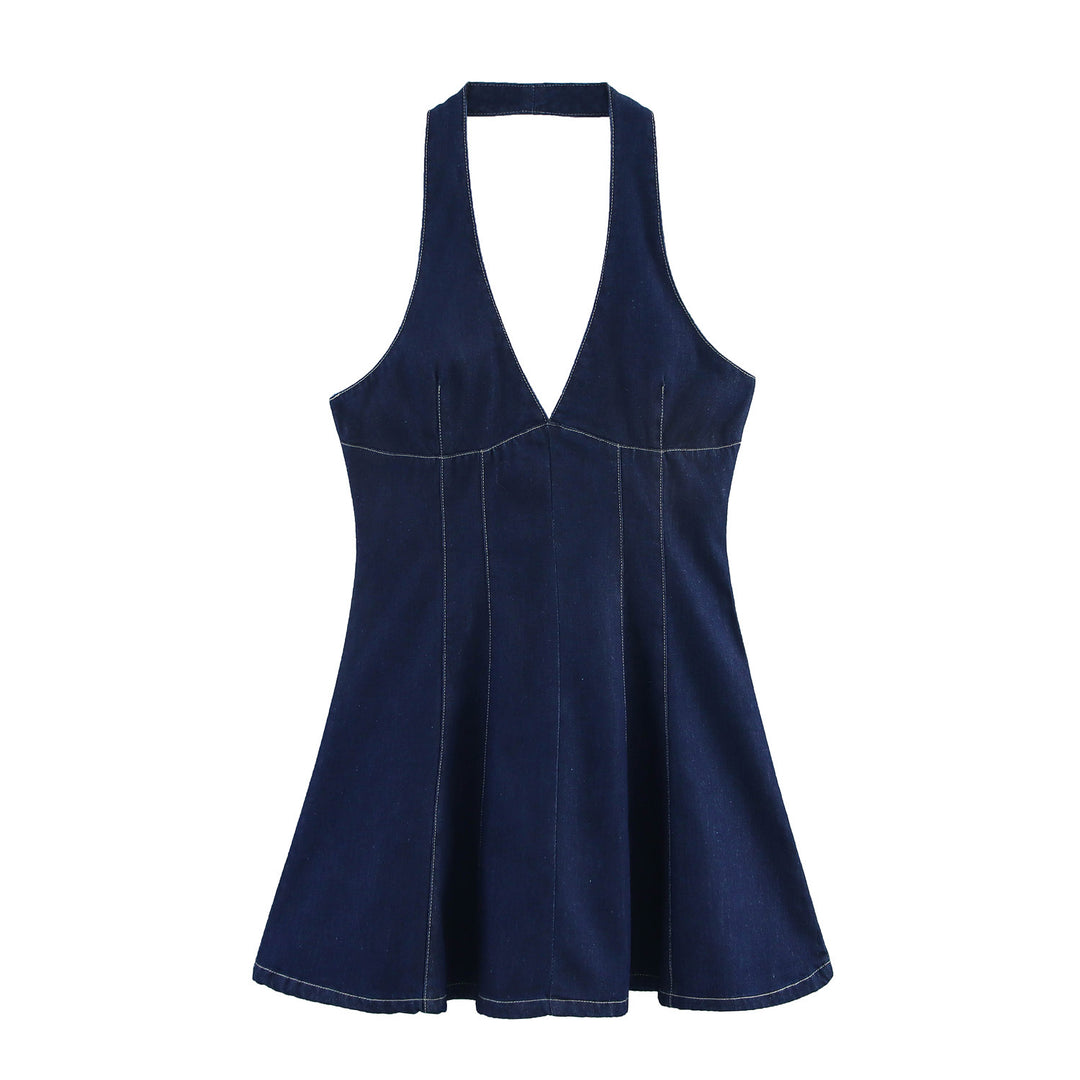 Femme Halterneck Denim Flared Dress Stilla