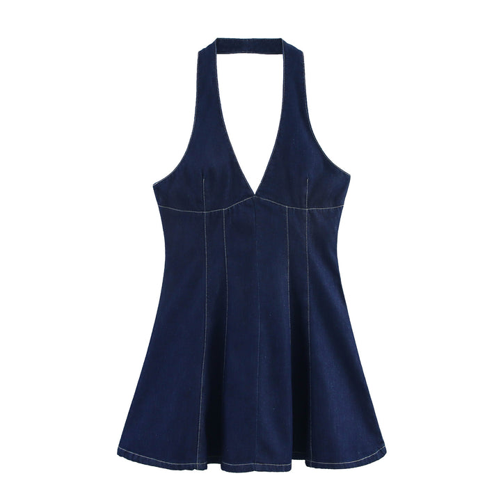 Femme Halterneck Denim Flared Dress Stilla
