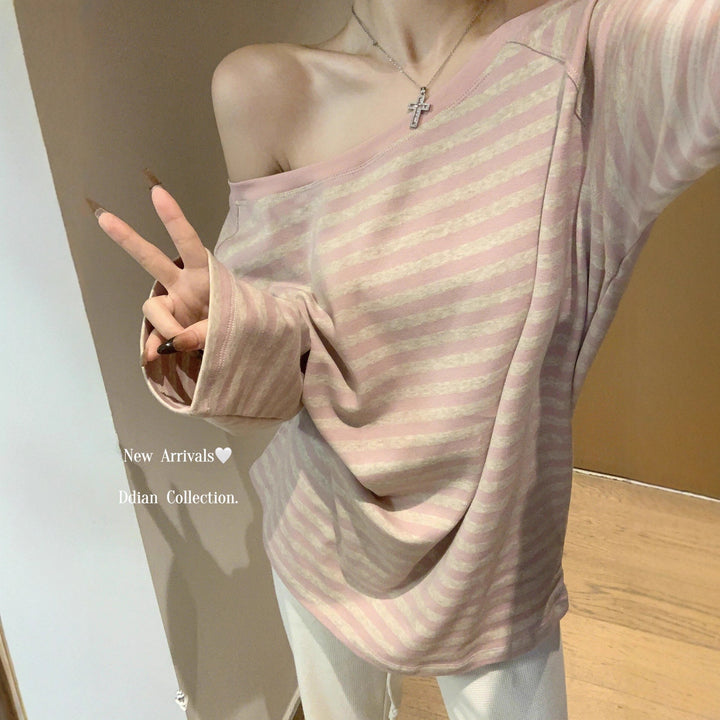 Kvinders afslappede oversized off-shoulder langærmet skjorte med stribet mønster Stilla