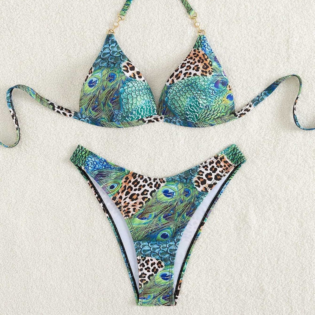 Dame Triangel-Bikini med livligt dyre- og påfuglemotiv Skovae