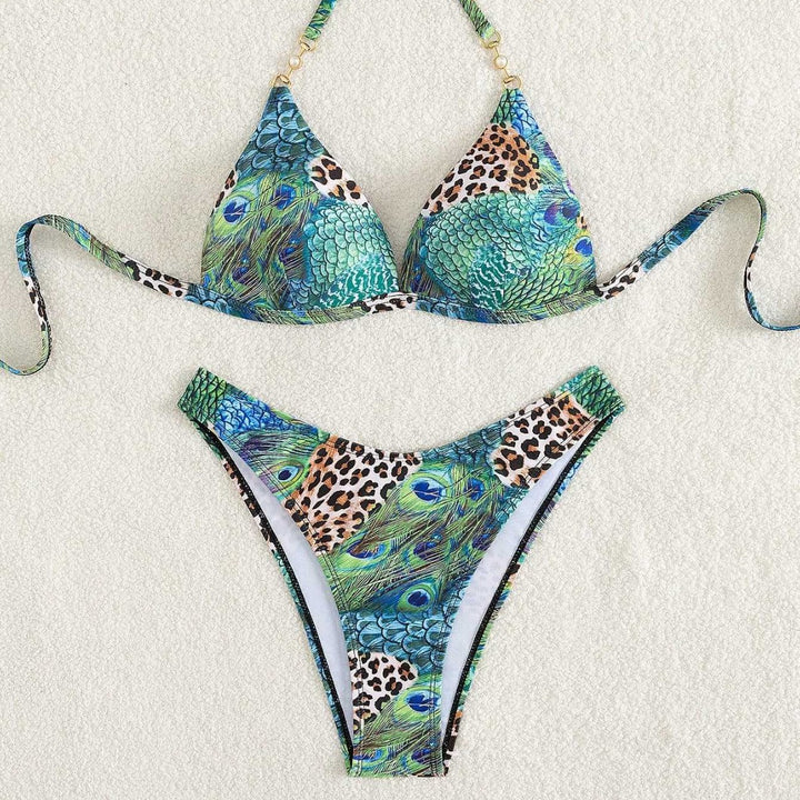 Dame Triangel-Bikini med livligt dyre- og påfuglemotiv Skovae