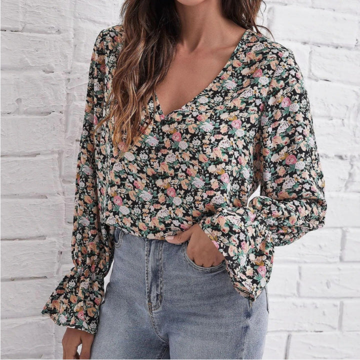 Dame blomster mønstret bluse med svingende ærmer Stilla