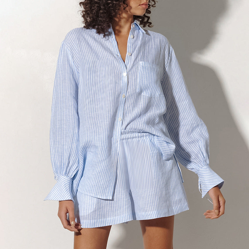 Dame Casual Pyjamasæt med stribet design og elegante detaljer Stilla