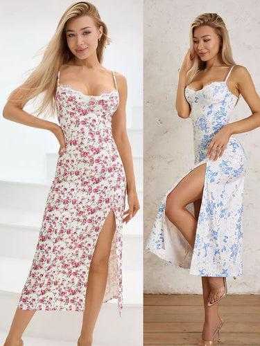 Dame figurtilpasset blomstermaxikjole med blondesøm og sidelids Stilla