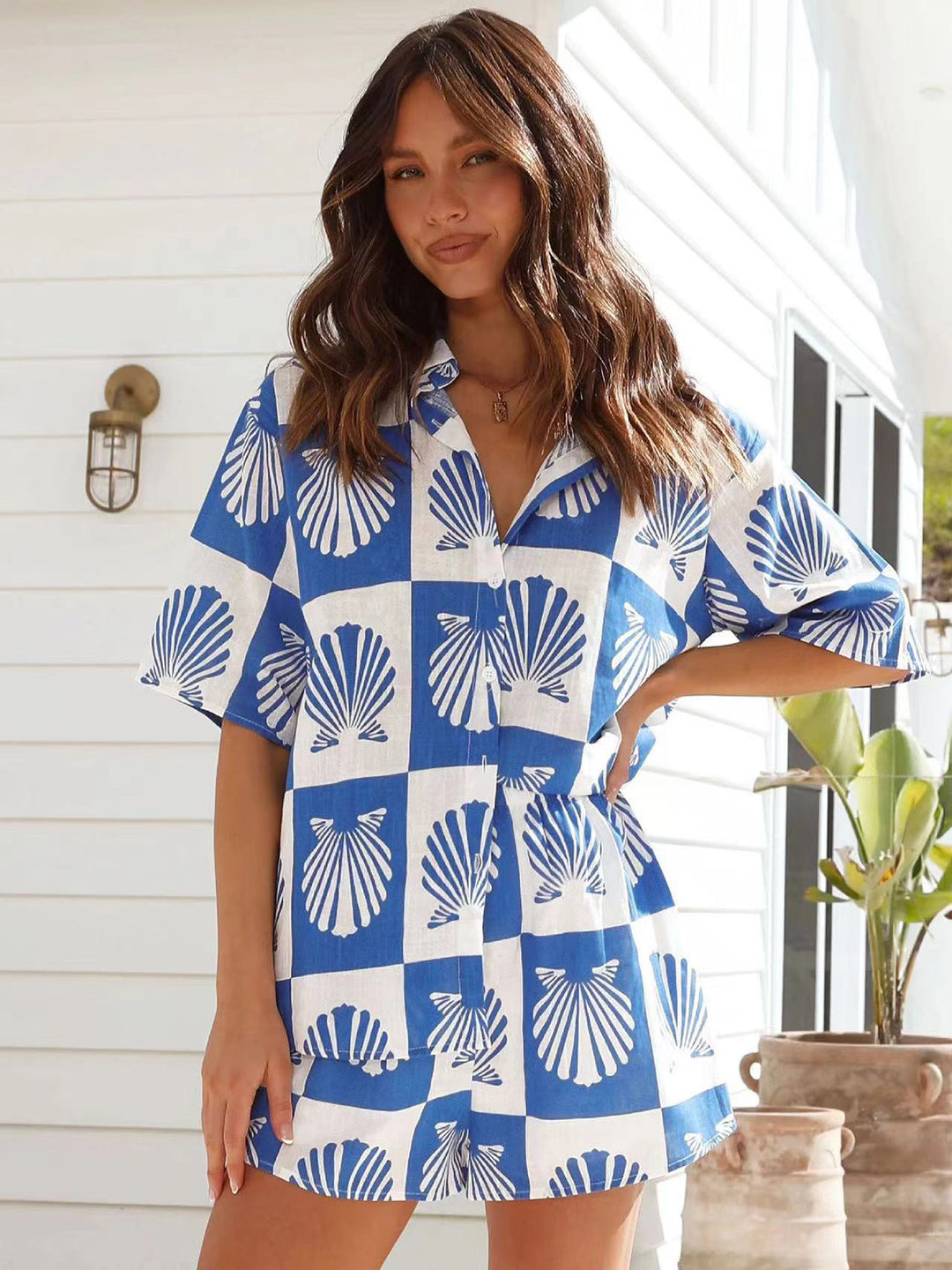Dame Trendy Sommer Tryk Korte Ærmer Shirt Sæt Stilla