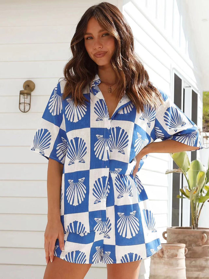 Dame Trendy Sommer Tryk Korte Ærmer Shirt Sæt Stilla