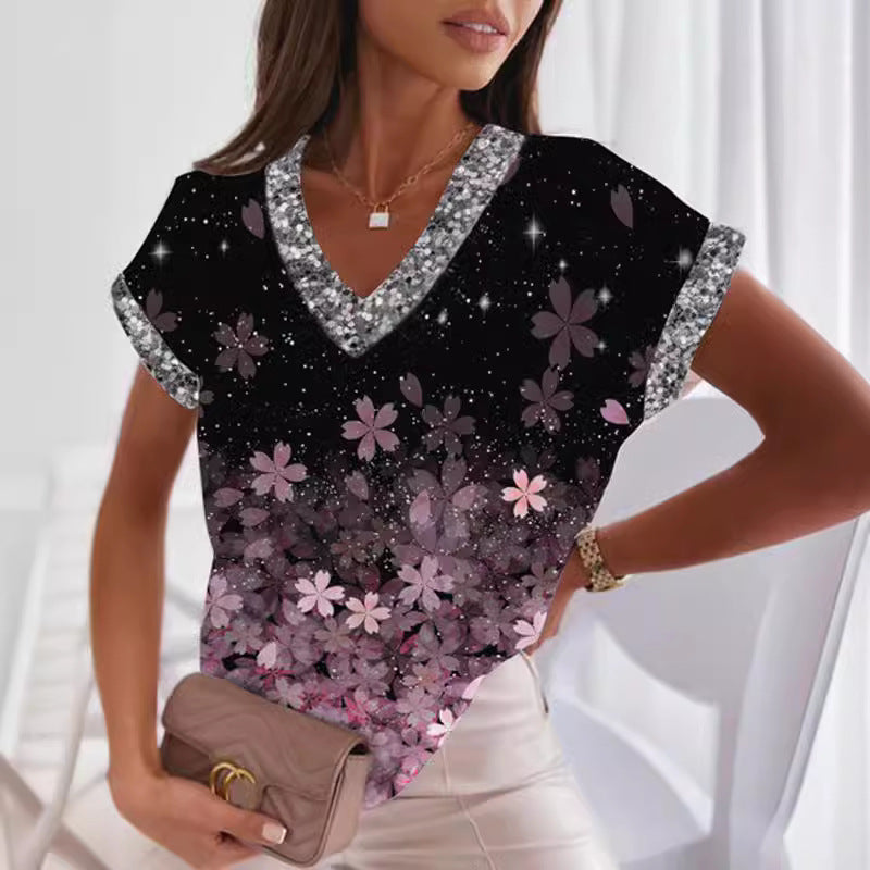 Stilla | Trendy Print V-Hals Batwing Ærme T-shirt