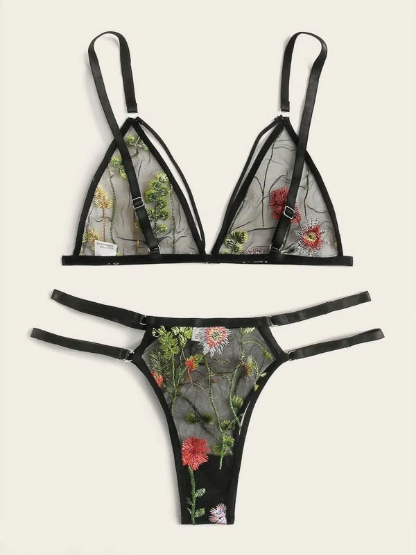 Dame blomsterbroderet gennemsigtigt lingeri-sæt Stilla