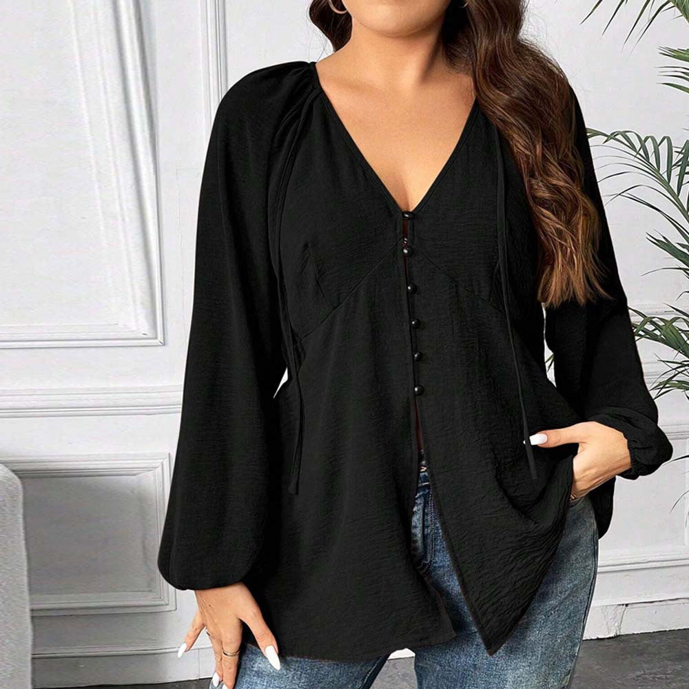 Dame elegant bluse med V-udskæring og dekorative knapdetaljer Stilla