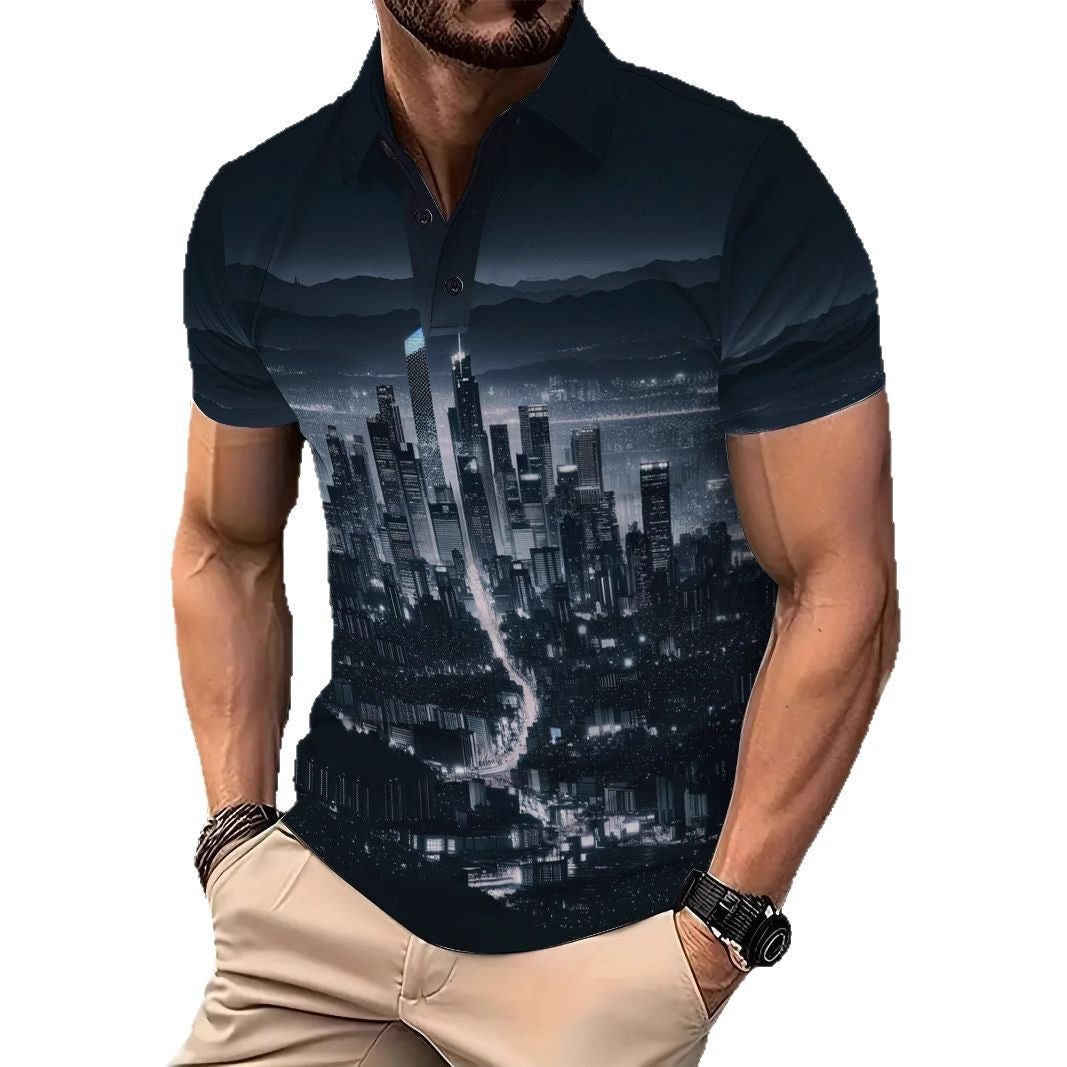 Herrer polo skorte med urban skyline print og åndbare egenskaber Stilla