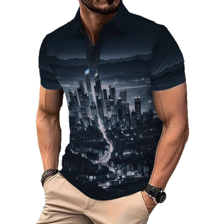 Herrer polo skorte med urban skyline print og åndbare egenskaber Stilla