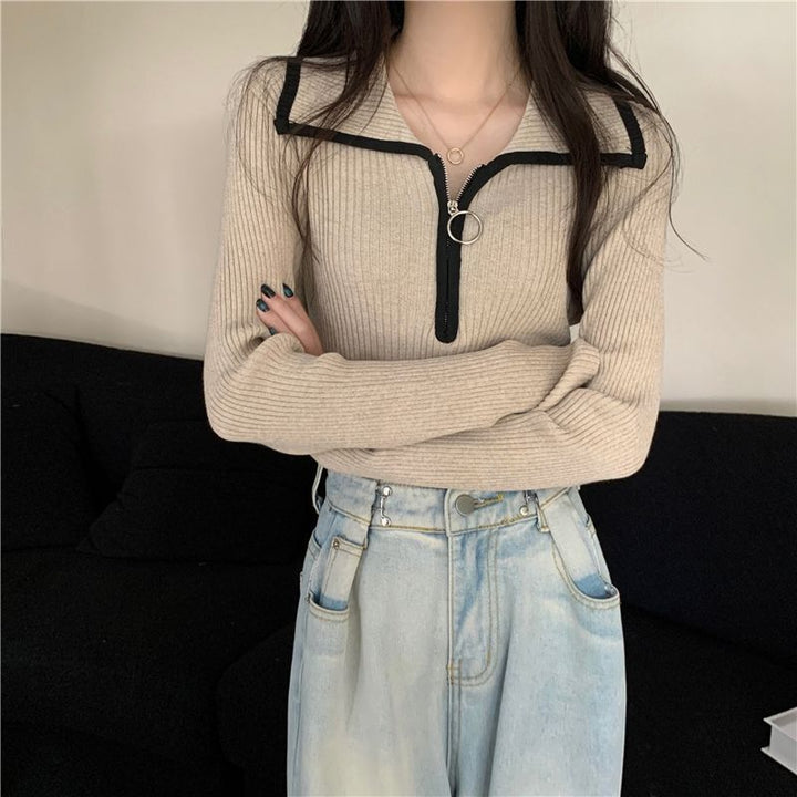 Dame fashionable zip trøje med ribbet struktur Stilla