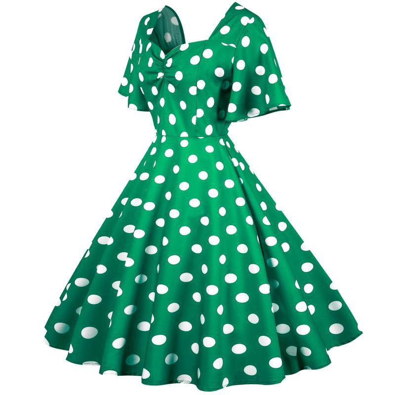 Damer Rockabilly kjole med legesyge polka prikker mønster og svajende kant Stilla