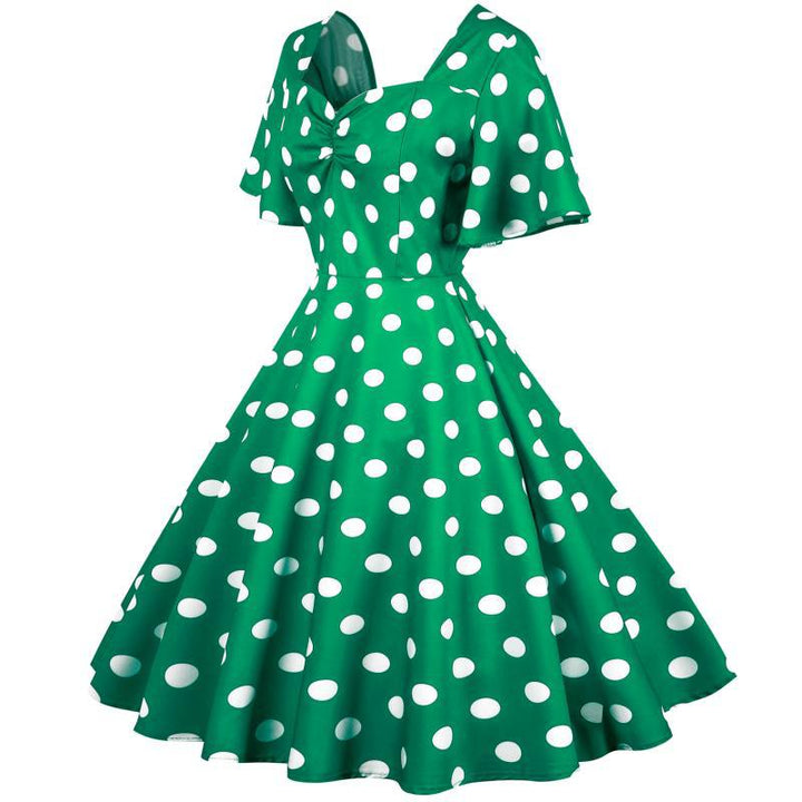 Damer Rockabilly kjole med legesyge polka prikker mønster og svajende kant Stilla