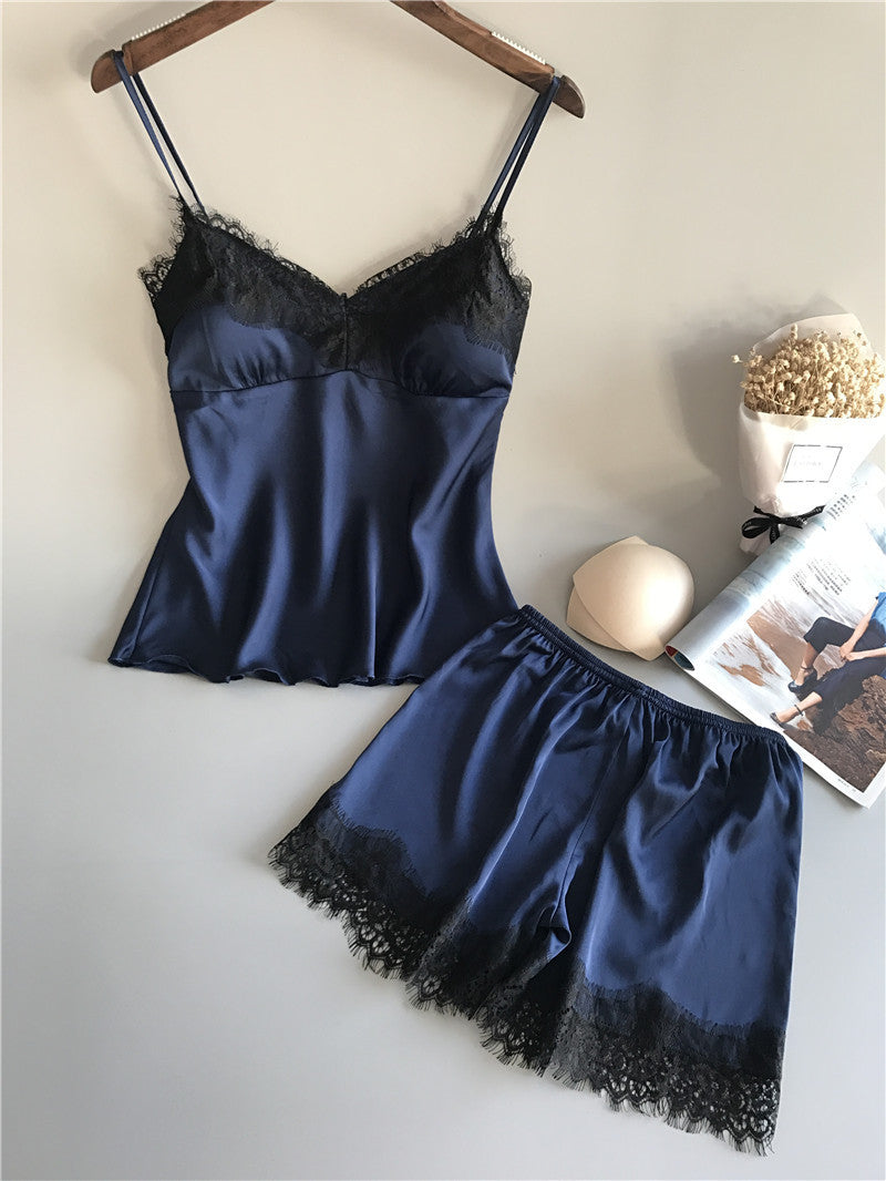 Dame Elegant Satin Pyjama Sæt med Spids Kant Stilla