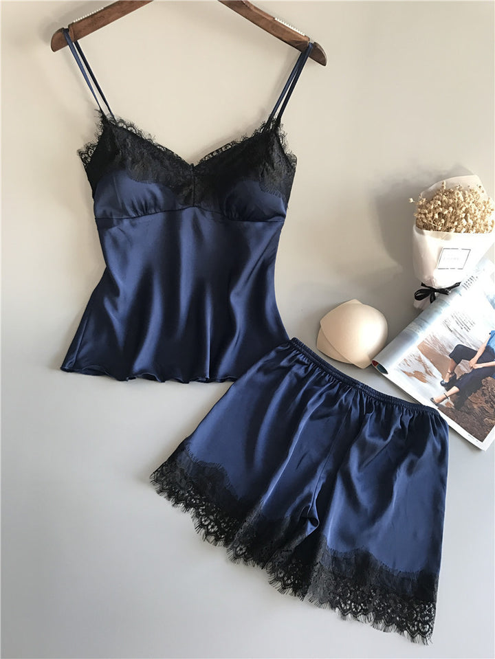 Dame Elegant Satin Pyjama Sæt med Spids Kant Stilla
