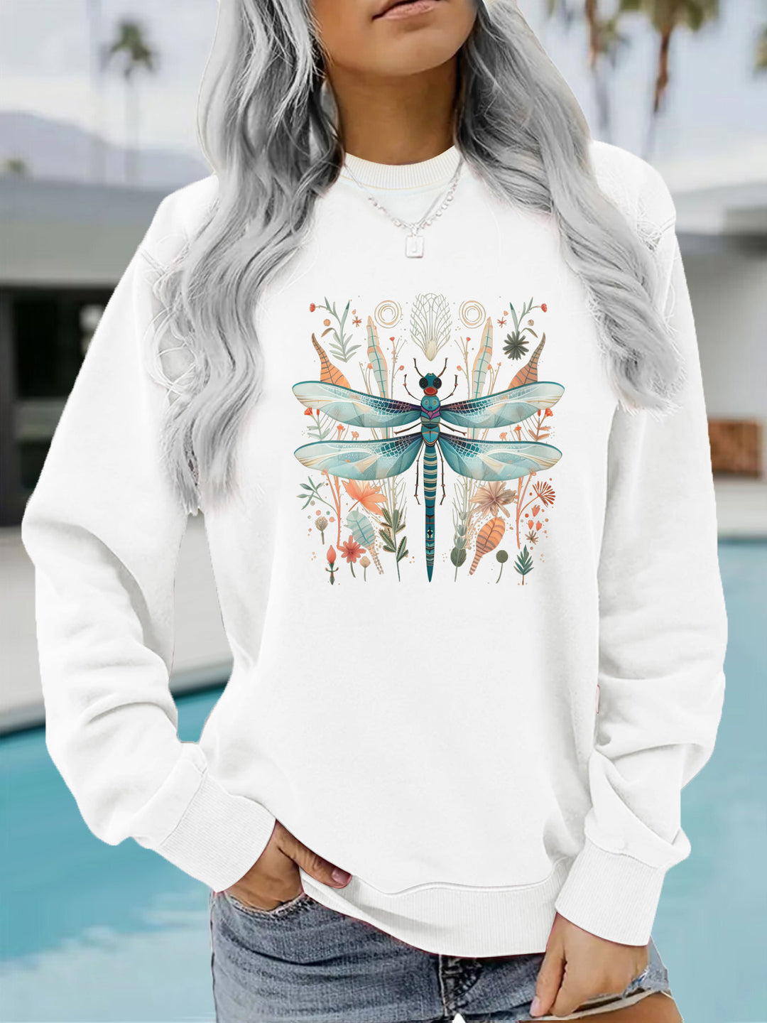 Kvindernes sweatshirt med unikt sølvflueprint og botanisk design Stilla