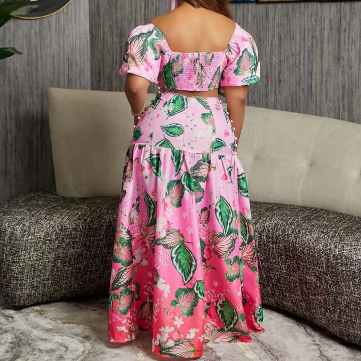 Dame blomster maxikjole med pufærmer og rynket design Stilla