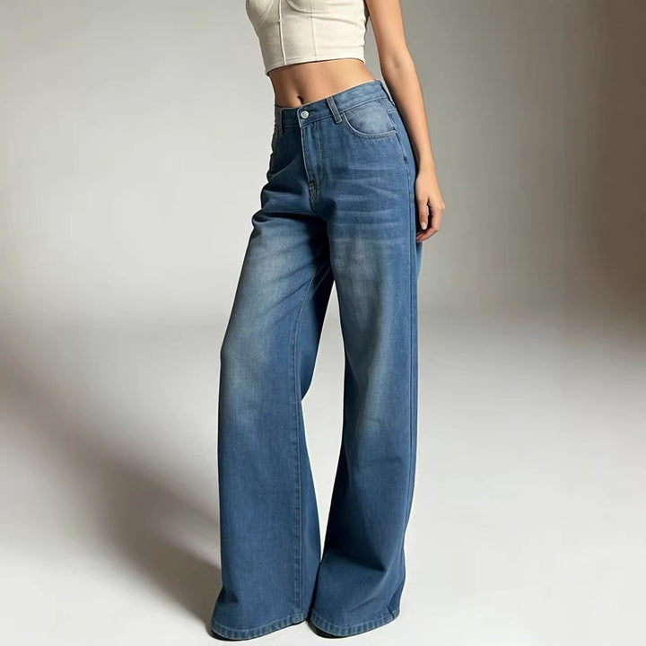 Dame bredde Denim-bukser med vintage-vask og høj talje Skovae