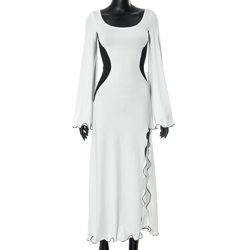 Dame Elegant Maxi-kjole med moderne kontrastsnit og lange ærmer Stilla