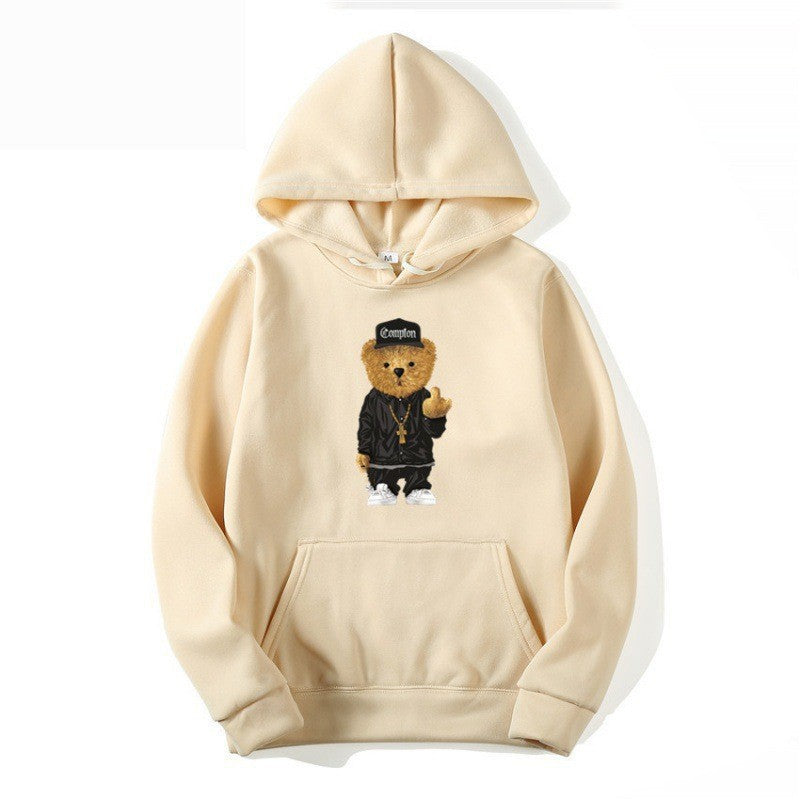 Kvinders hoodie med kunstnerisk bjørnedesign og kængurulomme Skovae