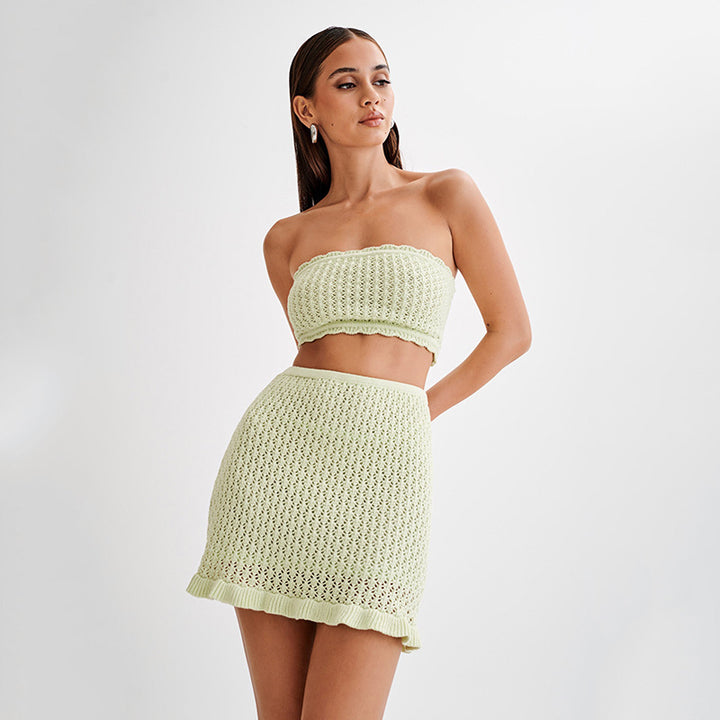 Dame Strik-Bandeau Top med matchende Nederdel Stilla