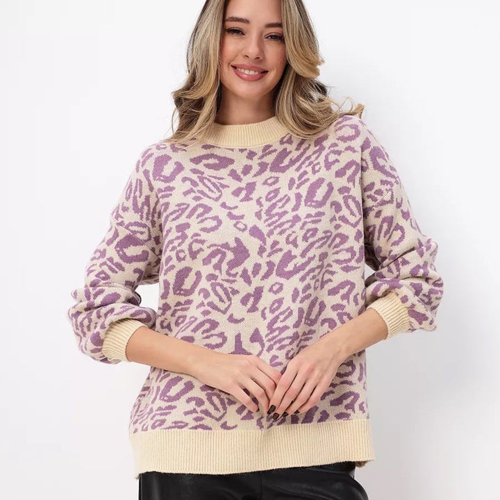 Kvinders chunky striktrøje i vild leoparddesign med afslappet pasform Stilla