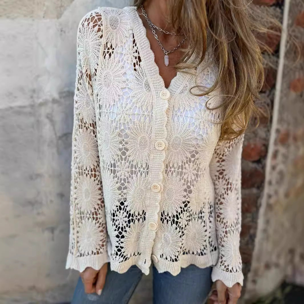 Dame Luftig Hæklet Pullover med Blomster Mønster Stilla