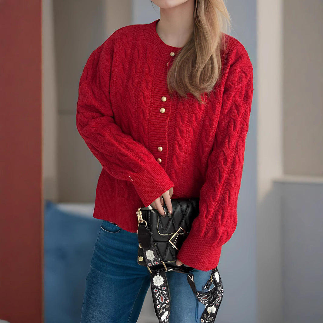 Dame chunky strik cardigan med dekorative knapper og kabelmønster Stilla