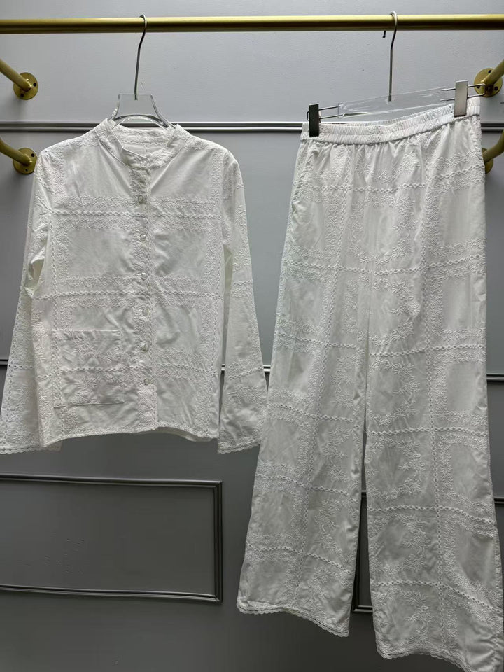 Dame luftig buksedragt-sæt med filigran broderi og afslappet snit Stilla