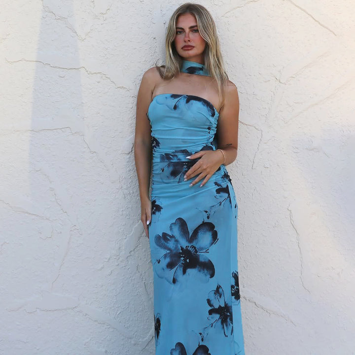 Damer Elegant Maxikjole med Blomsterdesign og Asymmetrisk Udsnit Stilla