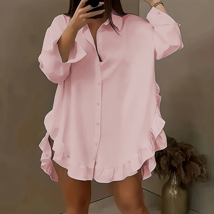 Damer Plus Size Skjortekjole med Flæse detaljer Stilla