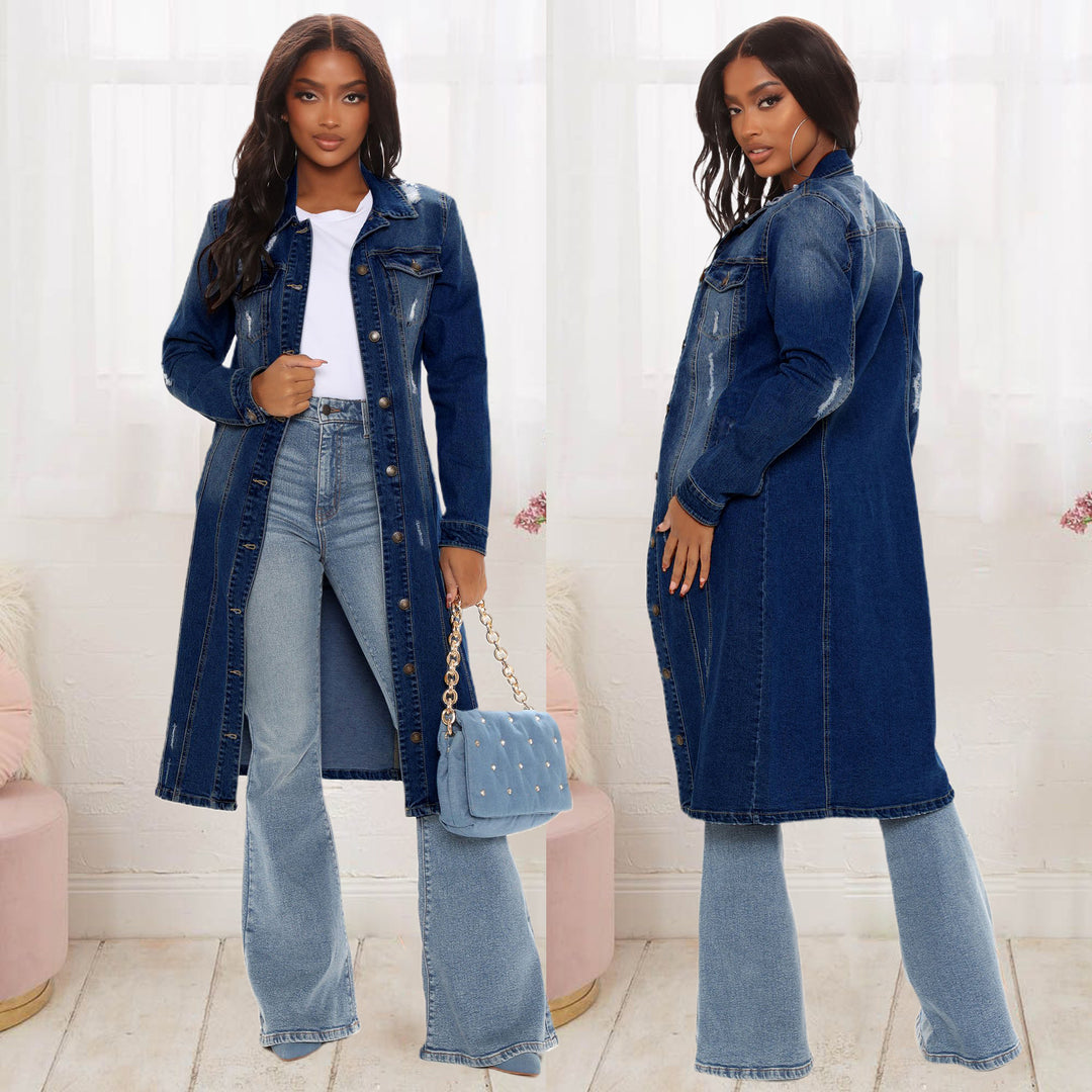 Dame lang Denim-frakke med modige Destroyed-detaljer Stilla