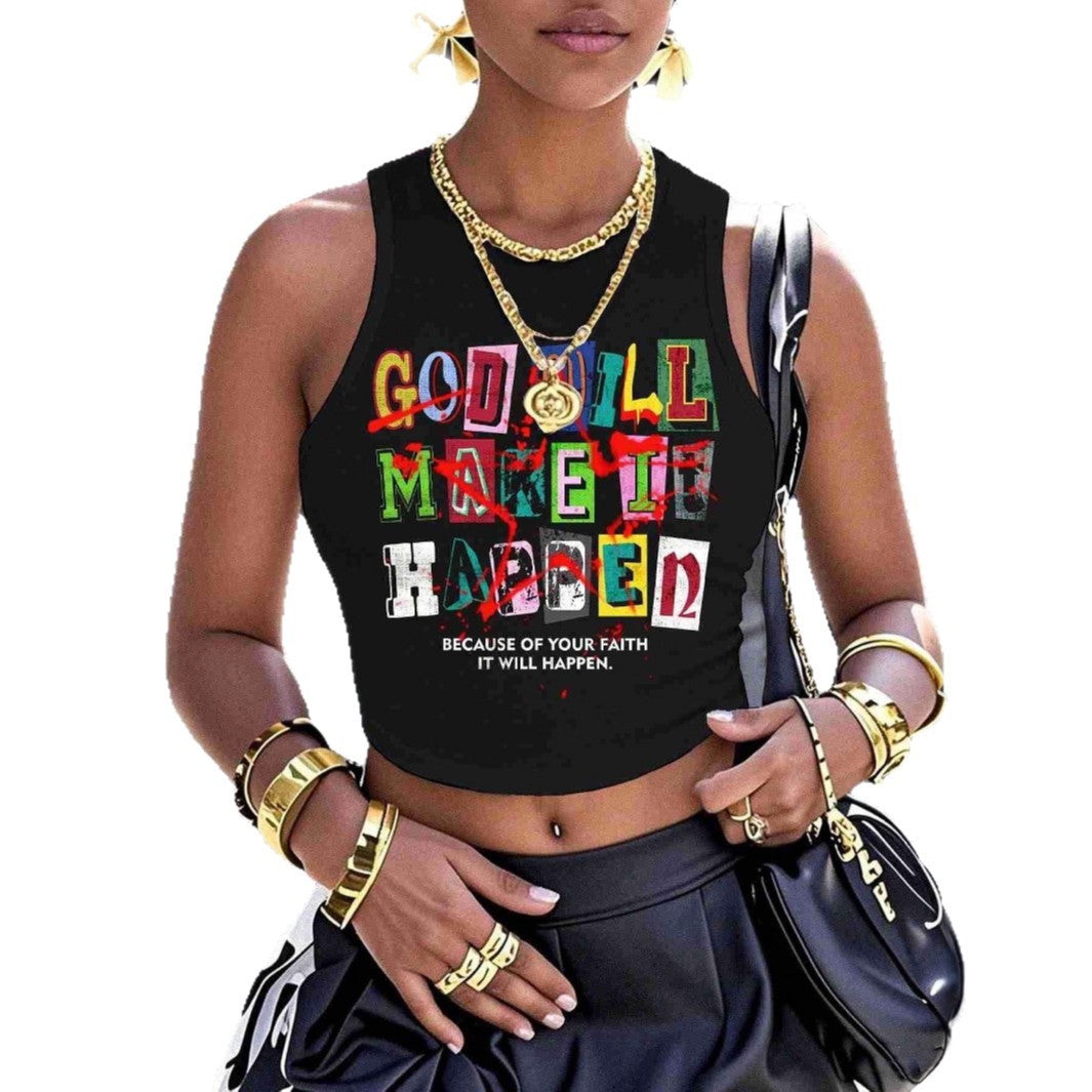 Dame Crop-Top med kreativ tekst og moderne grafisk design Skovae
