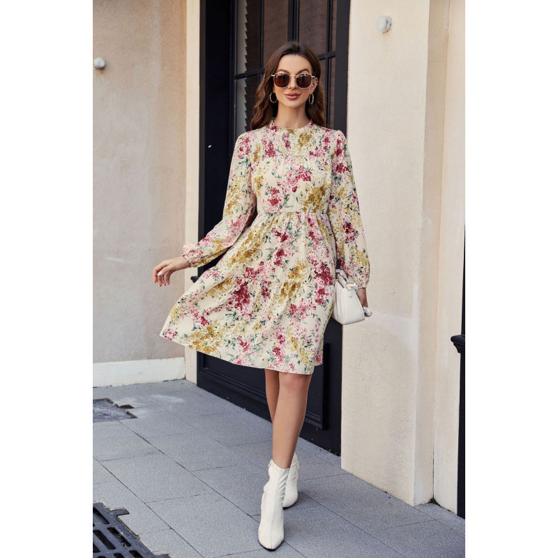 Dame Floral Print A-linje Kjole med lange ærmer Stilla