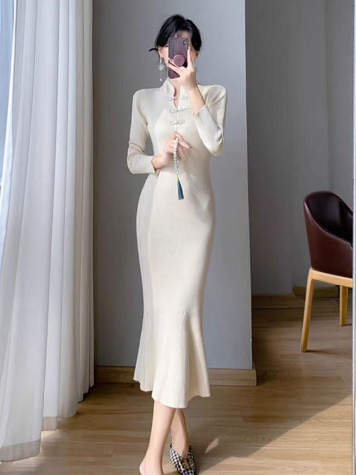 Femme Elegante Lange Ripp Maxi-Kjole med unik knaplukning Stilla