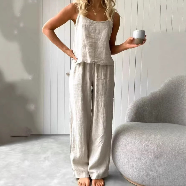 Dame casual linned sæt med top og brede bukser Skovae