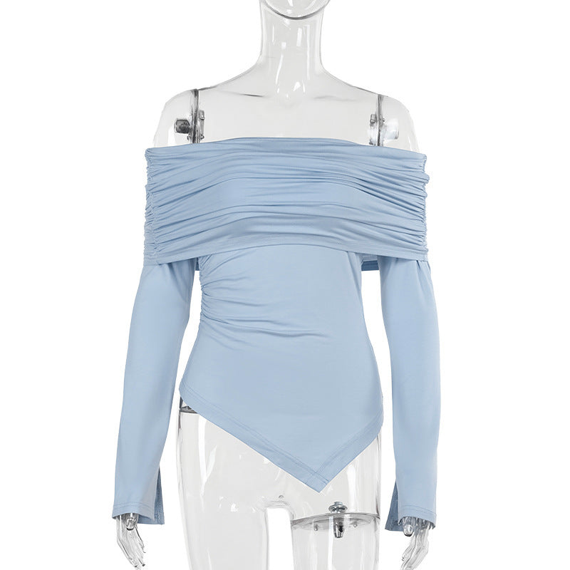 Dame skulderfri top med ruffles detaljer og asymmetrisk søm Skovae