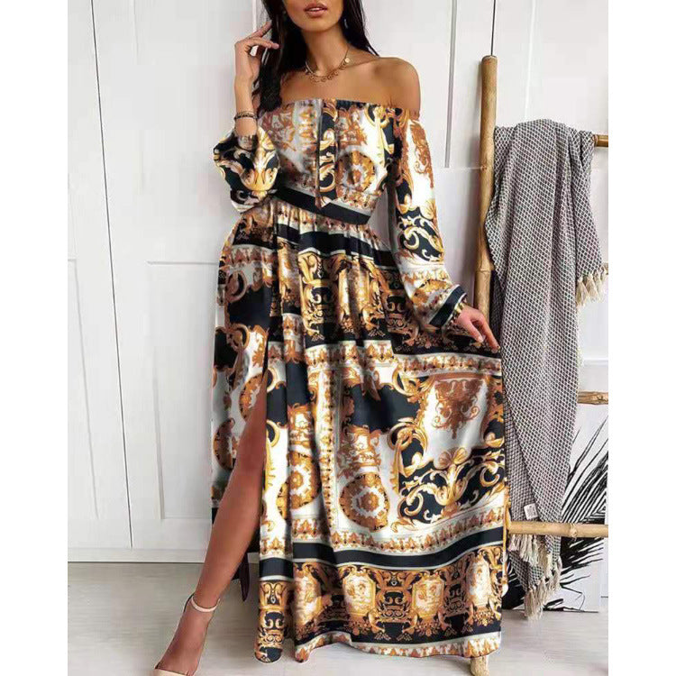 Dame Maxikjole med gardinlignende floral design og off-shoulder snit Stilla
