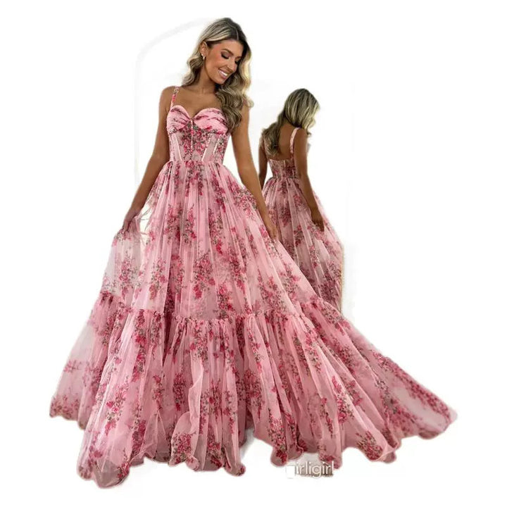 Dame Elegant Maxi Kjole med Blomster Flæse Detaljer og Skræddersyet Silhuet