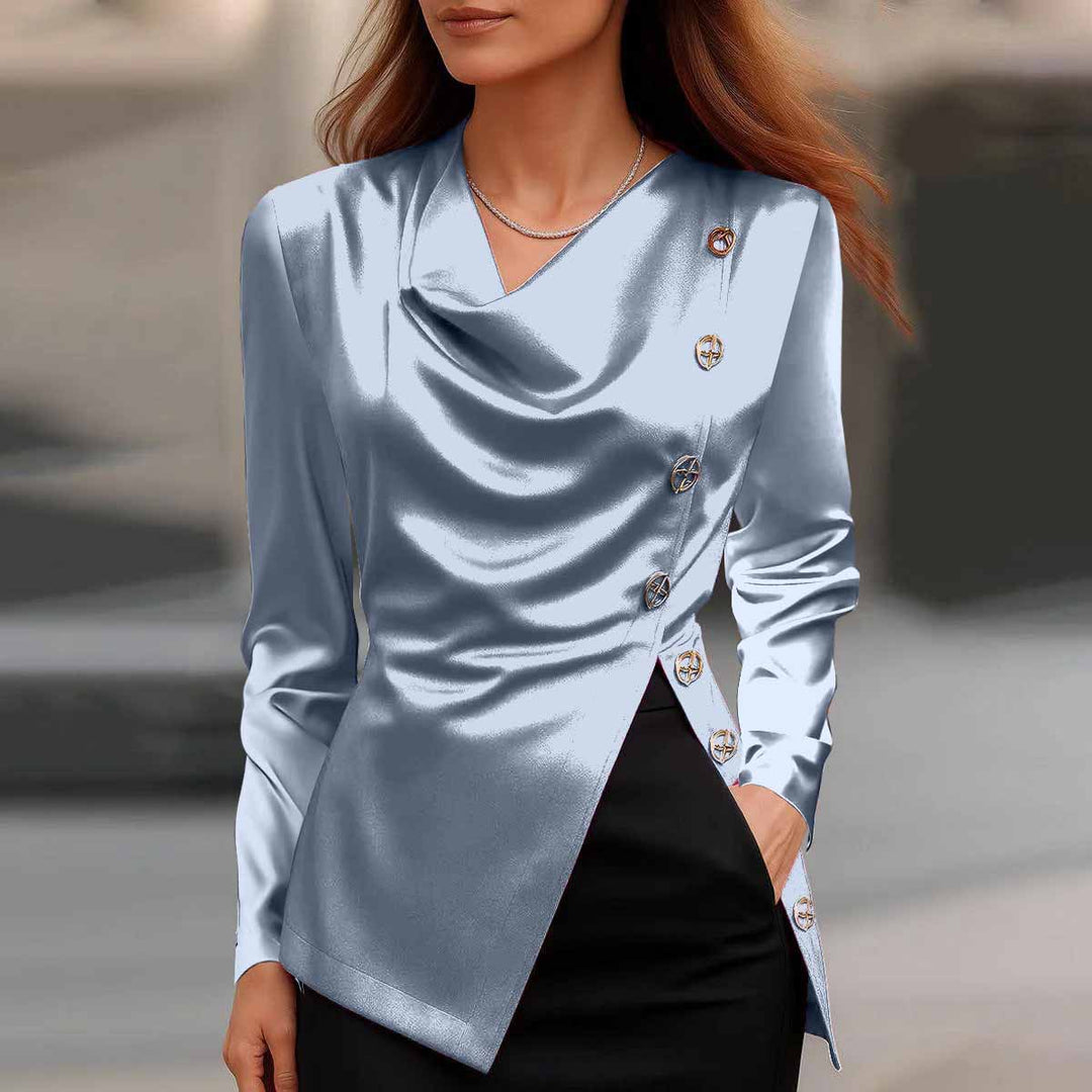 Dame Satin Cowl Neck Bluse med dekorative knapper Stilla