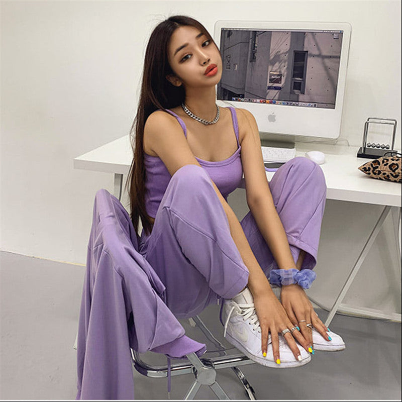 Kvinders fashionable tre-delt sæt med cropped hoodie, tank top og brede bukser Stilla