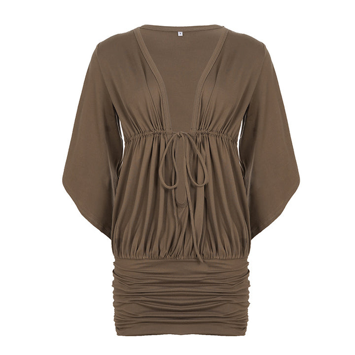 Dame svøbe kjole med afslappet V-udskæring og elastisk taljebånd Skovae