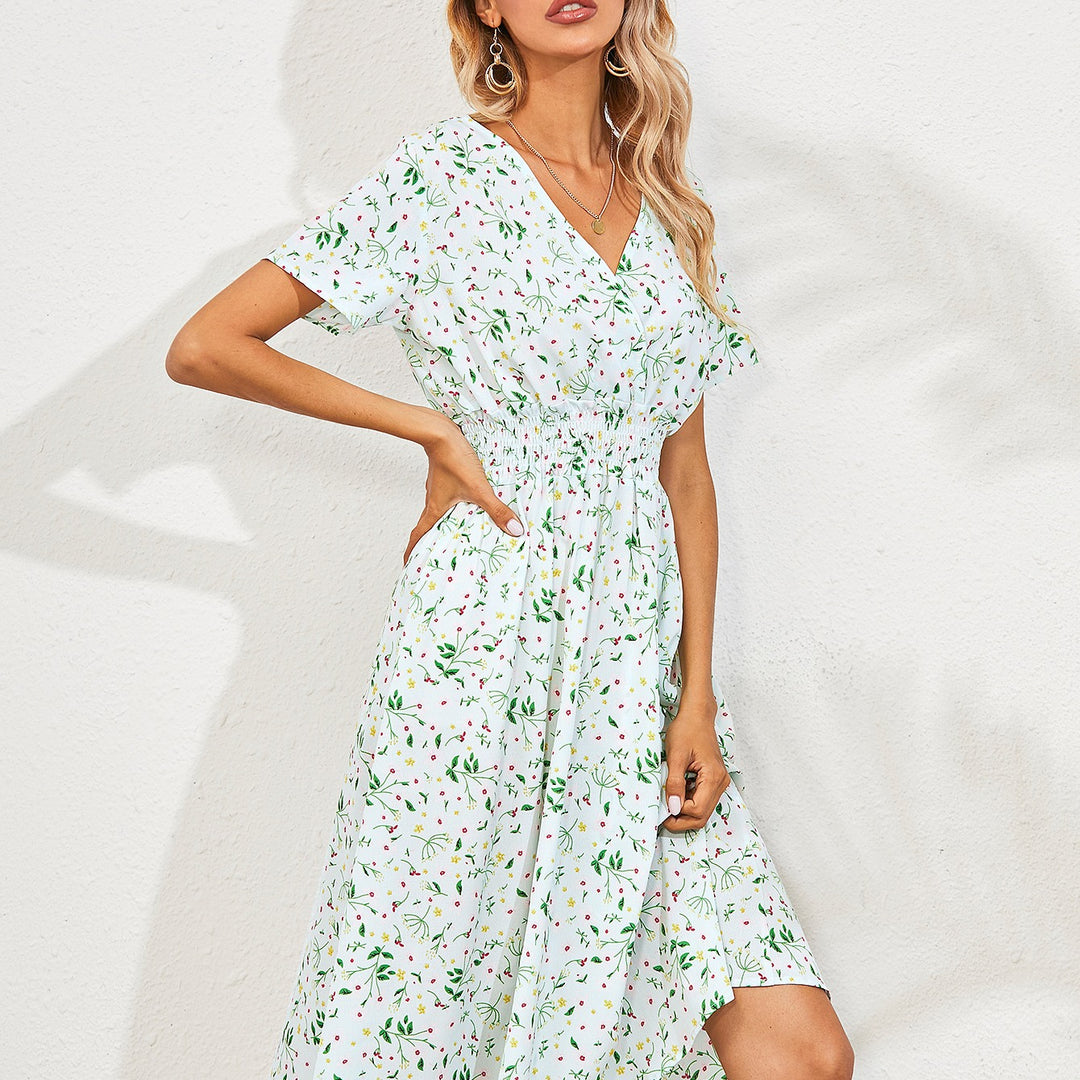Dame Floral Midi Kjole med elastisk Talje Stilla